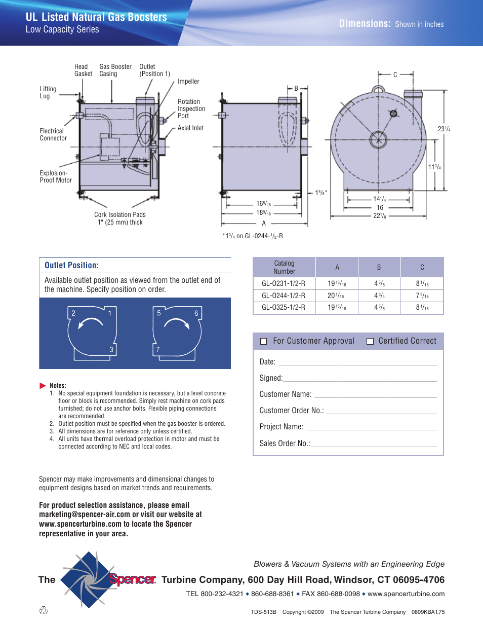 Ul listed natural gas boosters, Dimensions, Low capacity series | Outlet position, For customer approval certified correct | Spencer UL Listed Natural Gas Boosters LowCapacity Series User Manual | Page 2 / 2