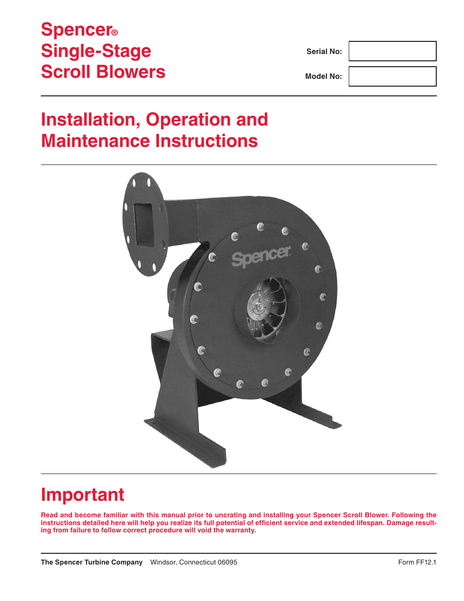 Spencer Single-Stage Scroll Blowers User Manual | 12 pages