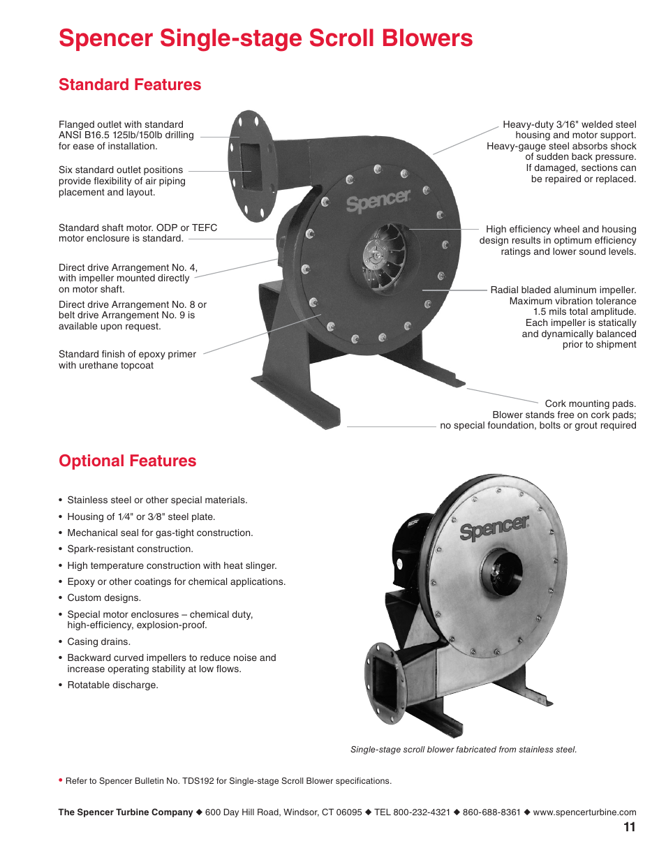 Spencer single-stage scroll blowers, Standard features optional features | Spencer Single-Stage Scroll Blowers User Manual | Page 11 / 12