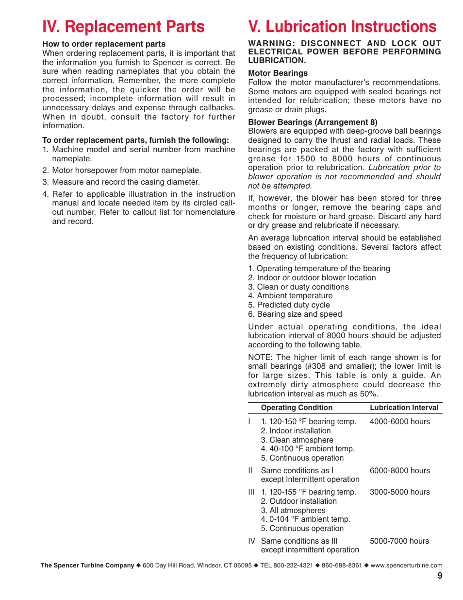 V. lubrication instructions, Iv. replacement parts | Spencer Single-Stage Scroll Blowers User Manual | Page 9 / 12