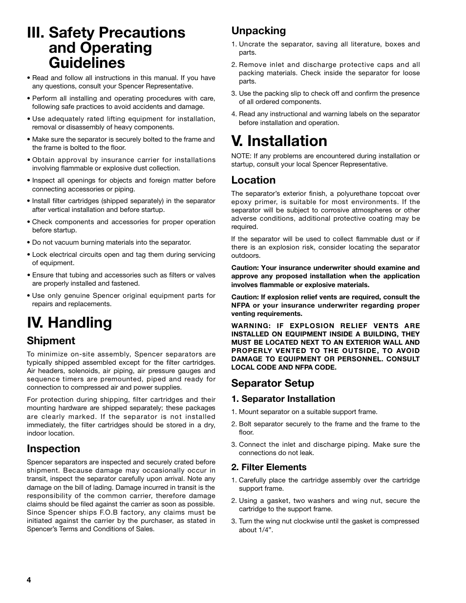 Iii. safety precautions and operating guidelines, Iv. handling, V. installation | Shipment, Inspection, Unpacking, Location, Separator setup | Spencer Jet-Clean Cartridge Separator User Manual | Page 4 / 8