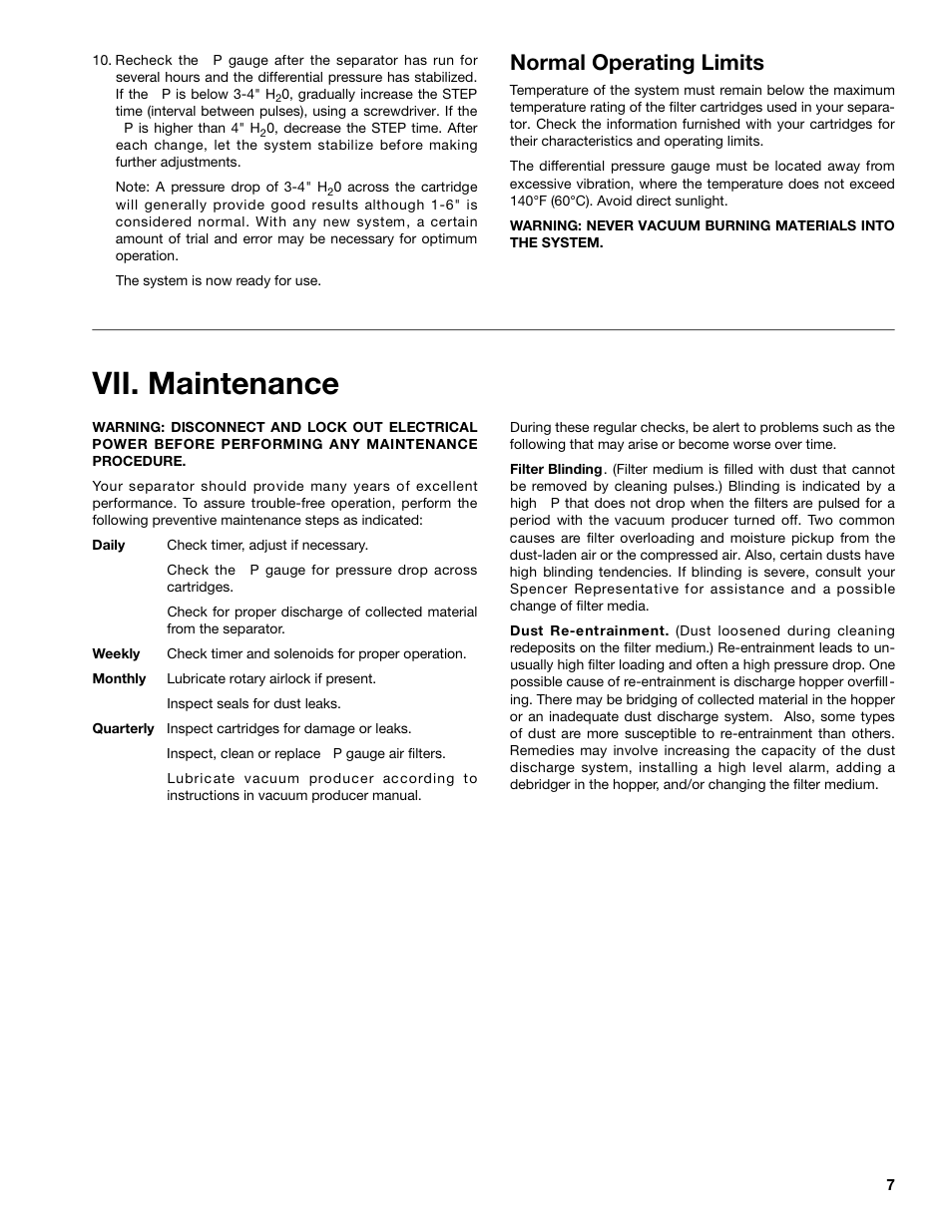 Vii. maintenance, Normal operating limits | Spencer Jet-Clean Cartridge Separator User Manual | Page 7 / 8
