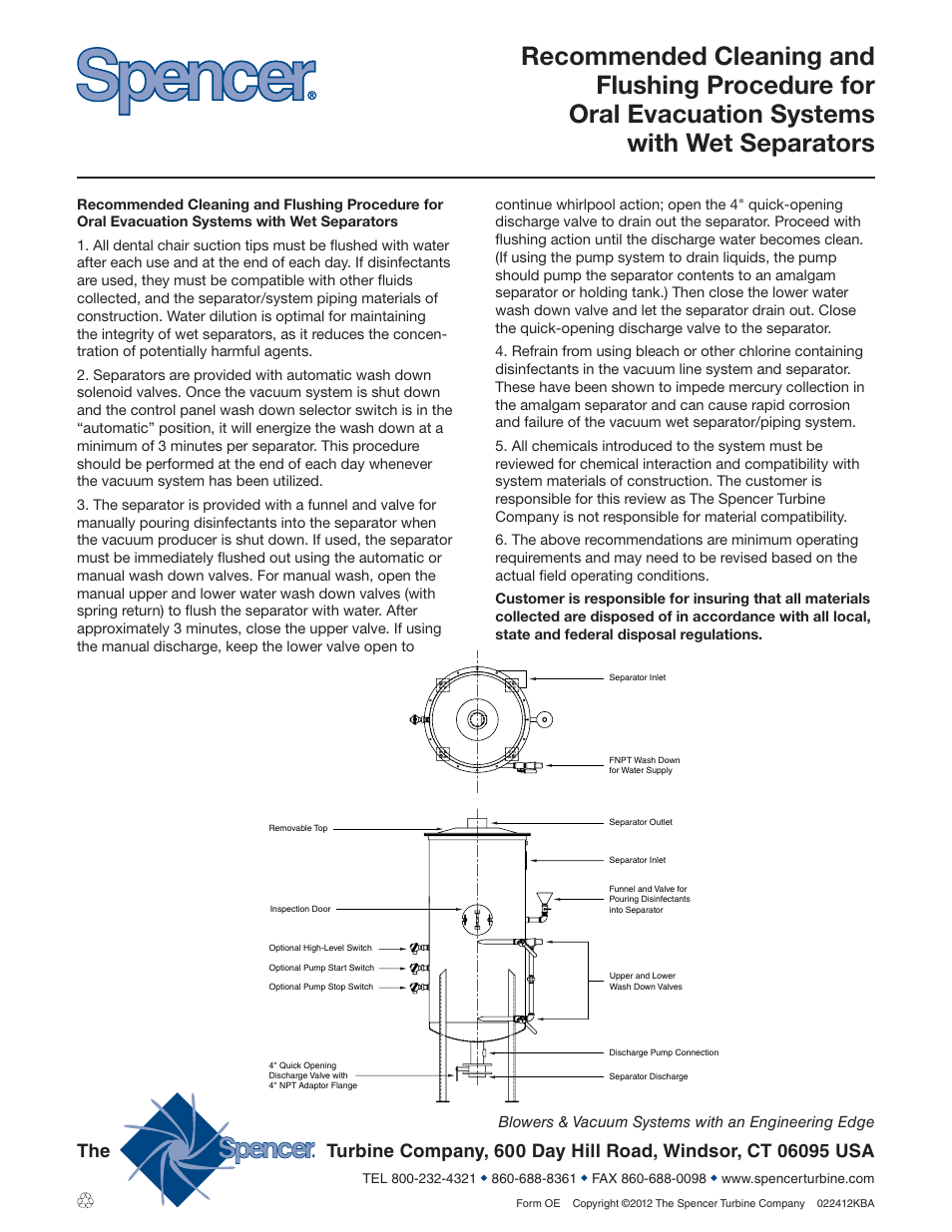 Spencer Cleaning and Flushing Procedure for Oral Evacuation Systems with Wet Separators User Manual | 1 page