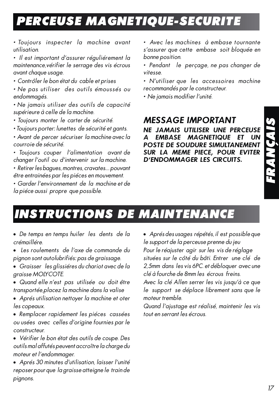 Français perceuse magnetique-securite, Instructions de maintenance, Message important | Unibor Hydrobor HUW150 User Manual | Page 17 / 44