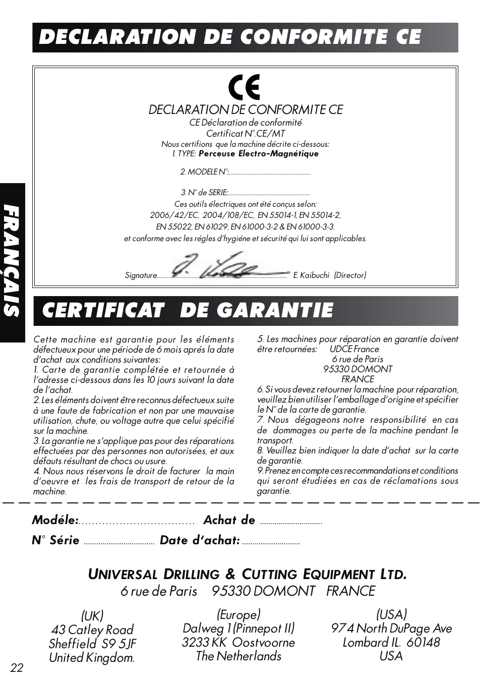 Français certificat de garantie, Declaration de conformite ce | Unibor Hydrobor HUW150 User Manual | Page 22 / 44