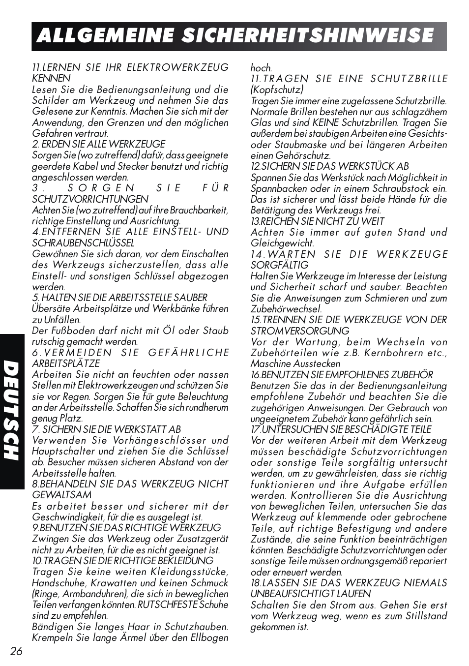 Deutsch allgemeine sicherheitshinweise | Unibor Hydrobor HUW150 User Manual | Page 26 / 44
