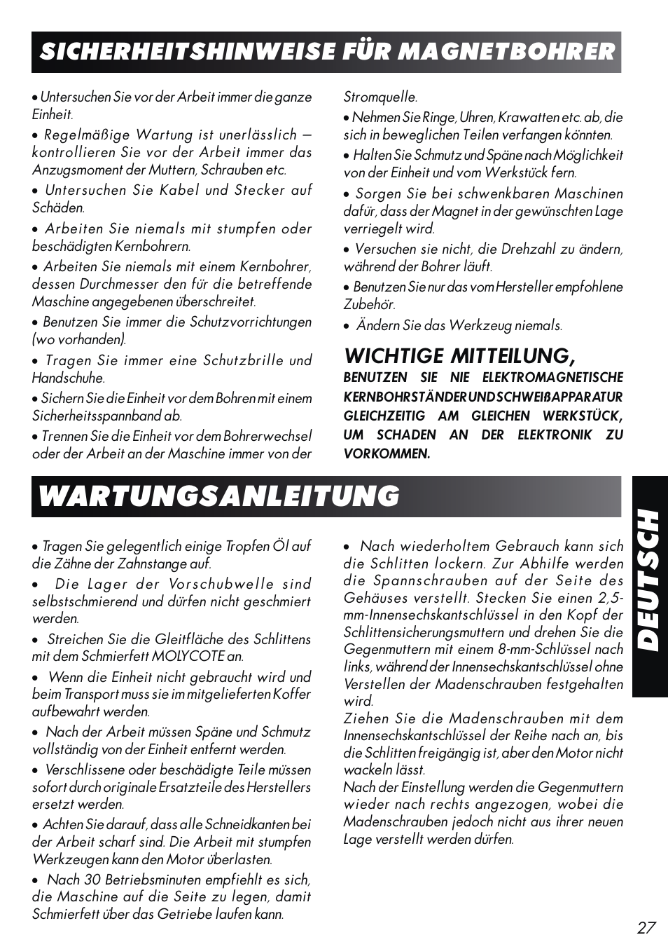 Deutsch, Wartungsanleitung, Sicherheitshinweise für magnetbohrer | Wichtige mitteilung | Unibor Hydrobor HUW150 User Manual | Page 27 / 44