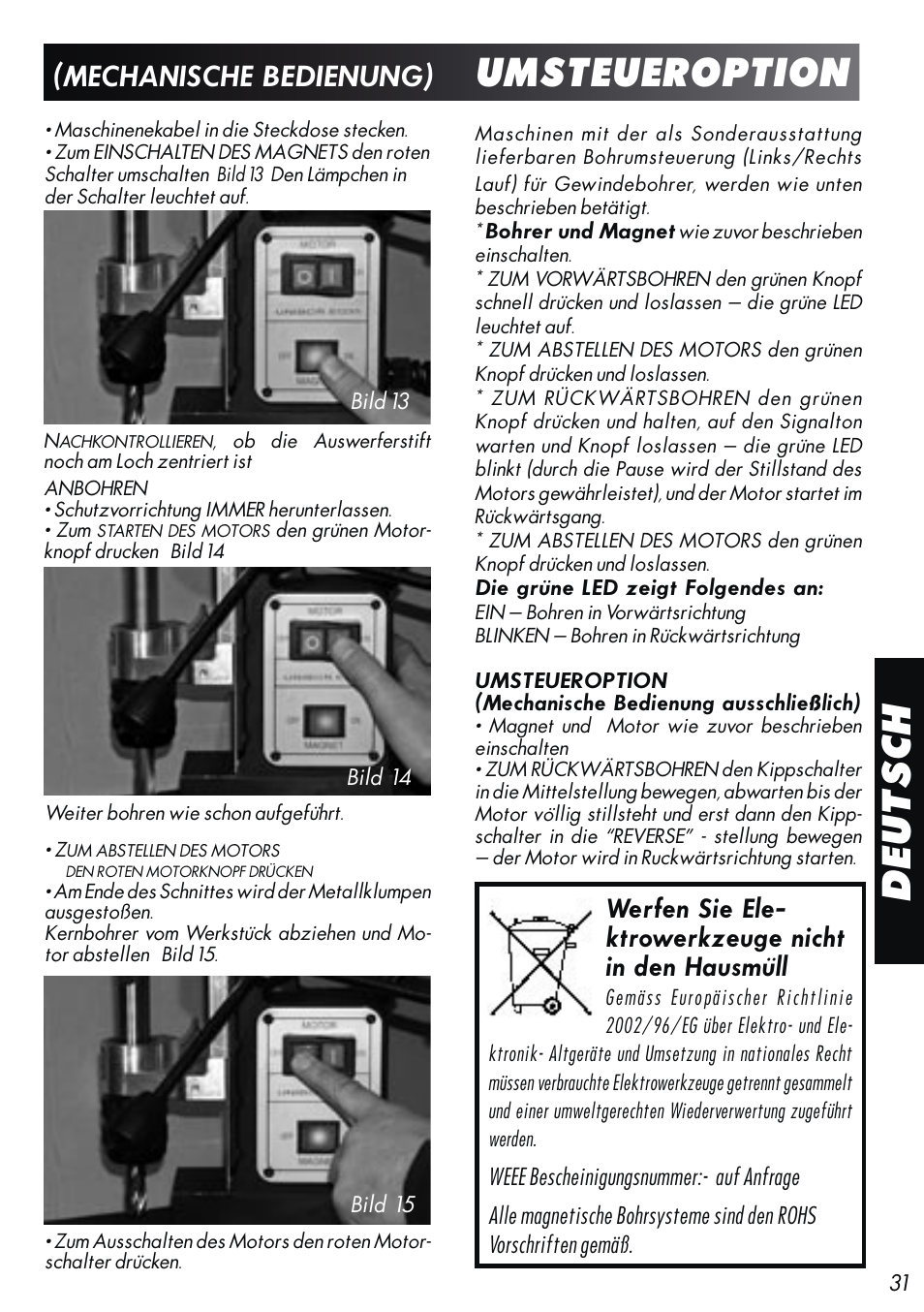 Deutsch, Umsteueroption, Mechanische bedienung) | Unibor Hydrobor HUW150 User Manual | Page 31 / 44