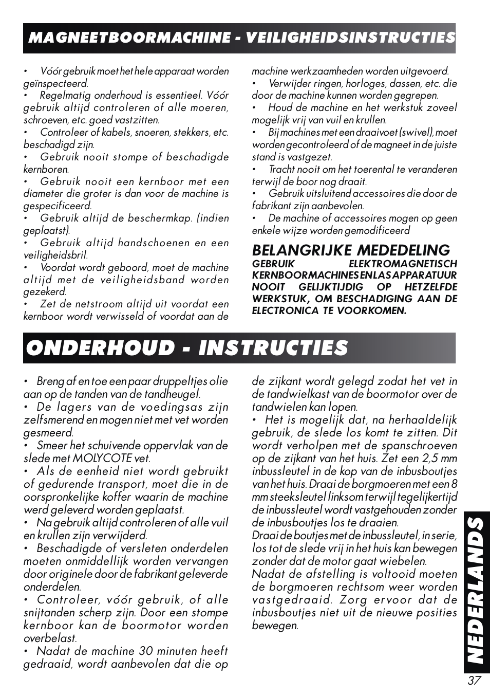 Onderhoud - instructies, Nederlands, Belangrijke mededeling | Magneetboormachine - veiligheidsinstructies | Unibor Hydrobor HUW150 User Manual | Page 37 / 44