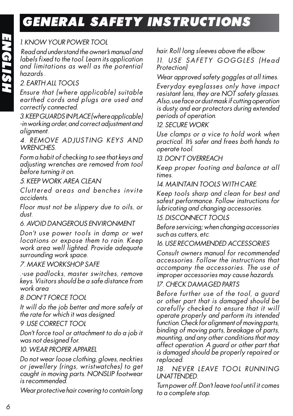 General safety instructions, English | Unibor Hydrobor HUW150 User Manual | Page 6 / 44