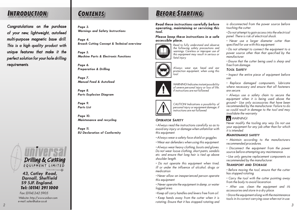 Efore, Tarting, Ontents | Ntroduction | Unibor UA5000 Autofeed User Manual | Page 2 / 7