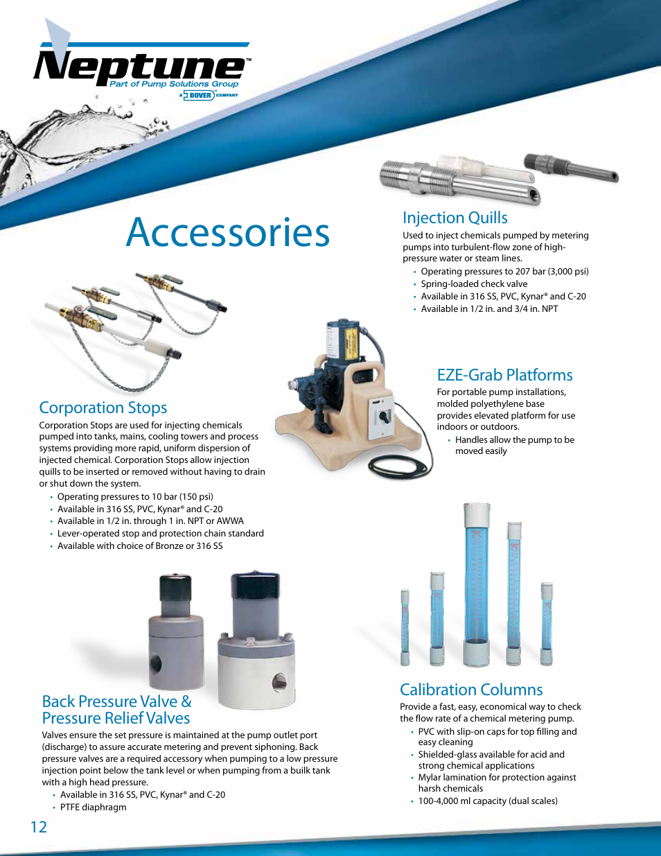 Accessories, Injection quills, Eze-grab platforms | Back pressure valve & pressure relief valves, Calibration columns, Corporation stops | Pump Solutions Group Neptune User Manual | Page 12 / 20