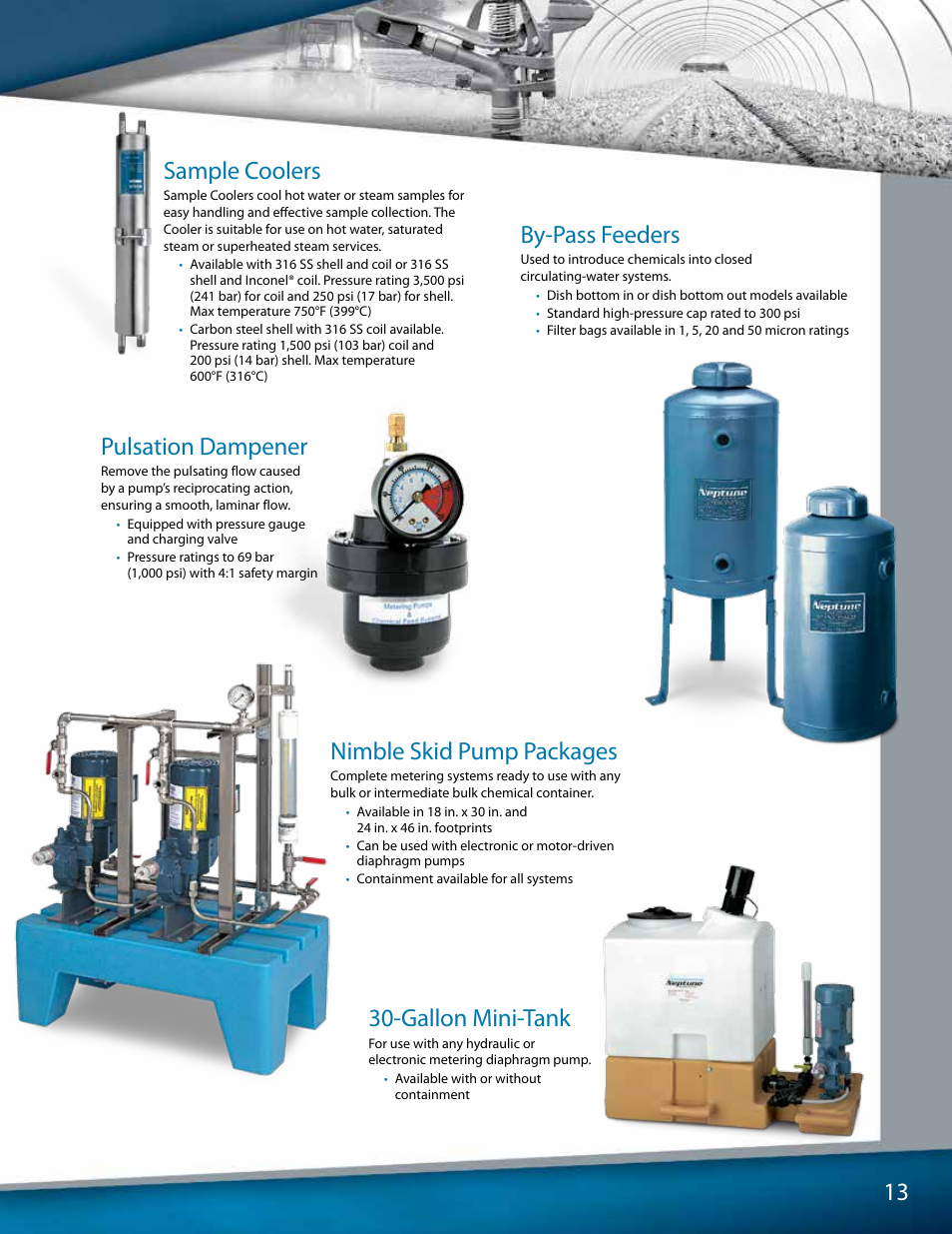 Sample coolers, Pulsation dampener, By-pass feeders | Nimble skid pump packages, Gallon mini-tank | Pump Solutions Group Neptune User Manual | Page 13 / 20