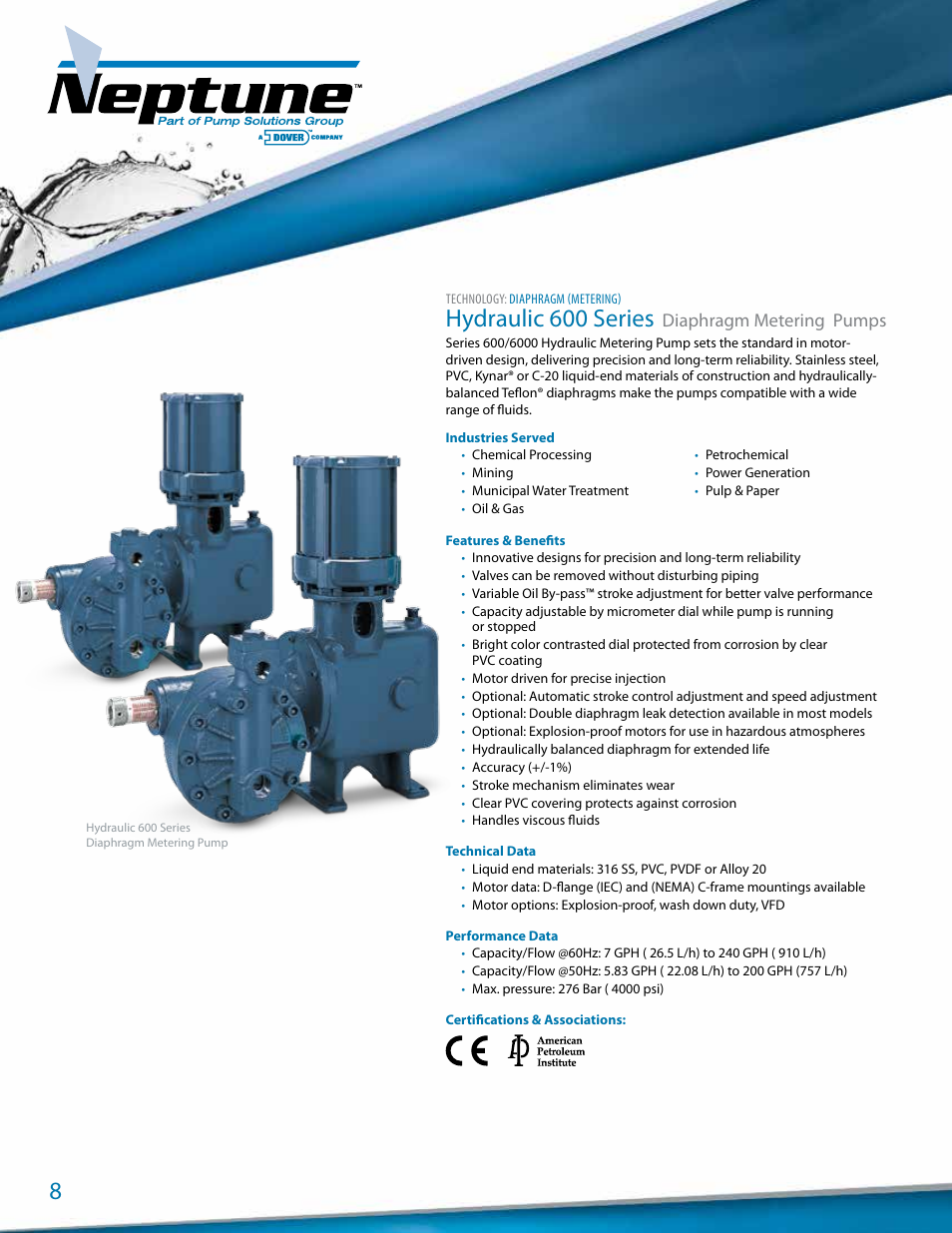 Hydraulic 600 series, Diaphragm metering pumps | Pump Solutions Group Neptune User Manual | Page 8 / 20