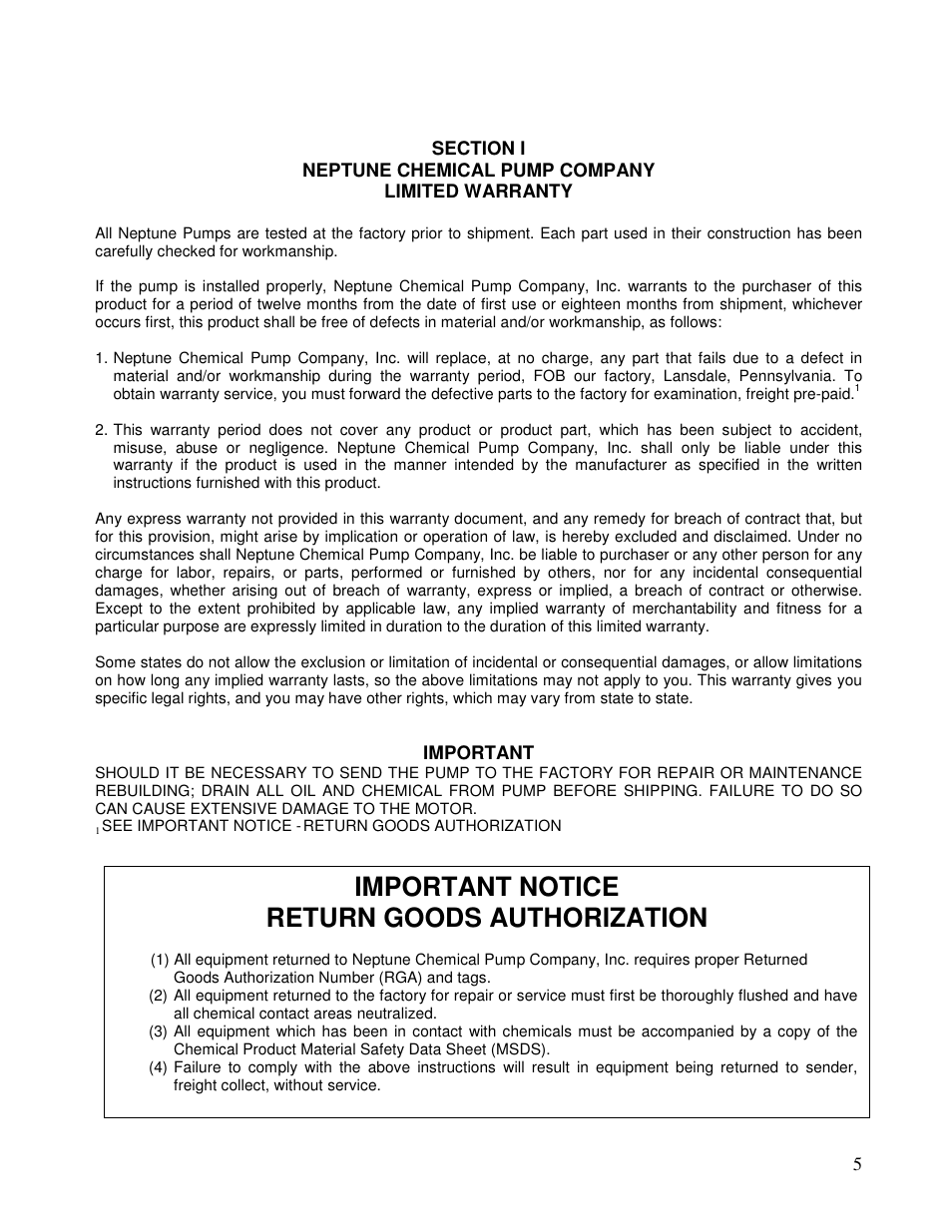Important notice return goods authorization | Pump Solutions Group Neptune Series 6000 dia-PUMP MODELS 6100 thru 6250 User Manual | Page 5 / 27