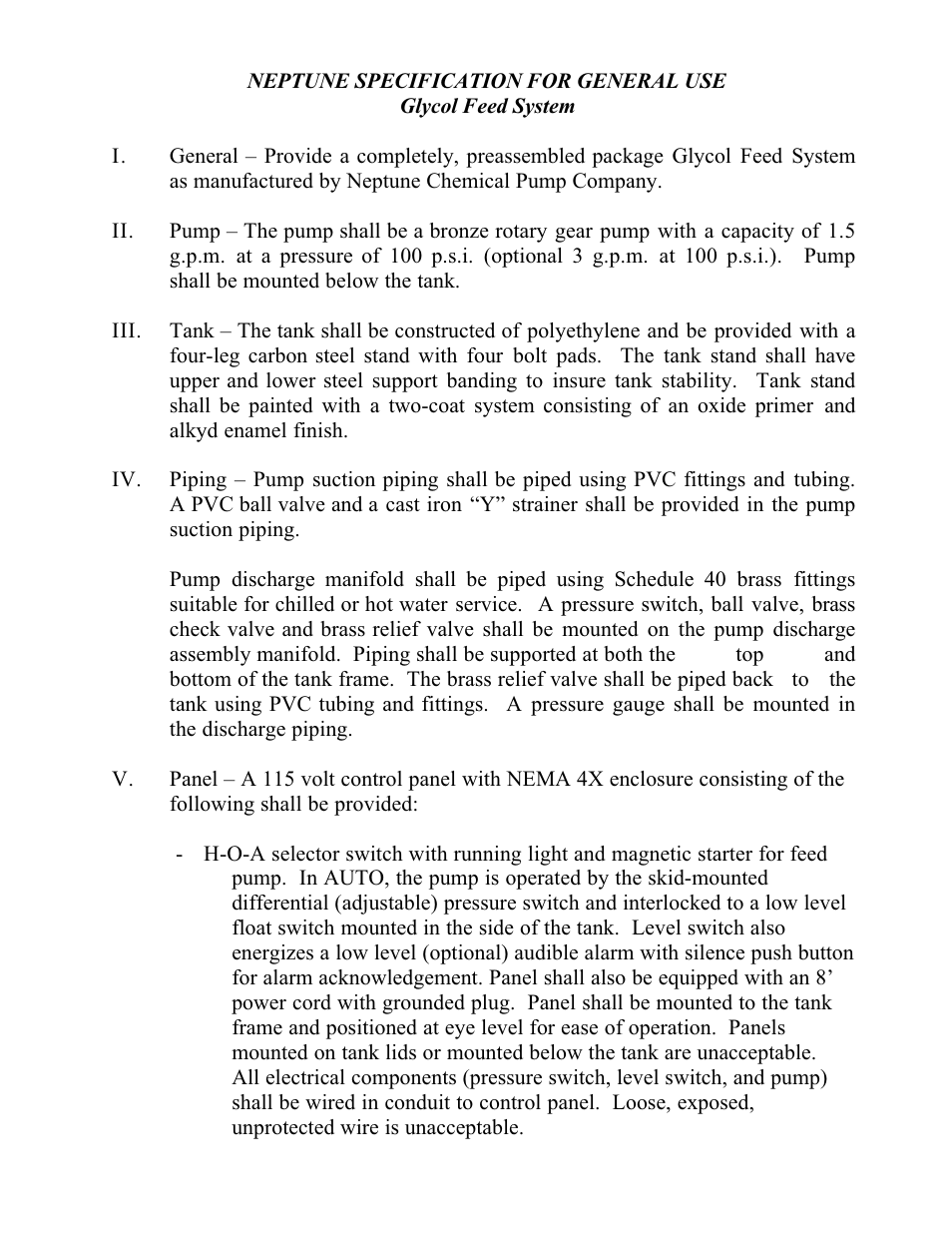 Pump Solutions Group Neptune GLYCOL FEED SYSTEM Specs User Manual | 1 page