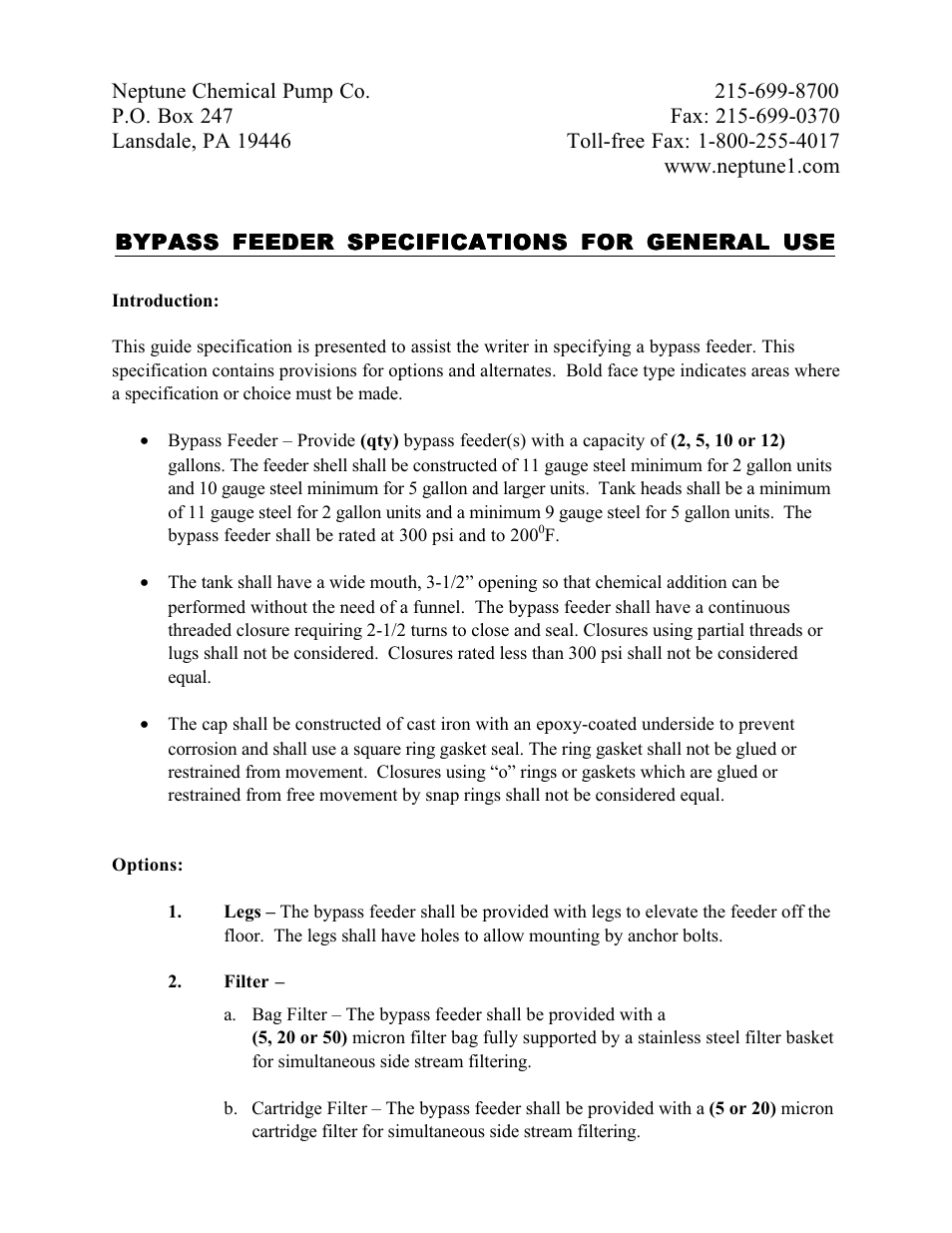 Pump Solutions Group Neptune Standard By-Pass Feeder Specs User Manual | 1 page
