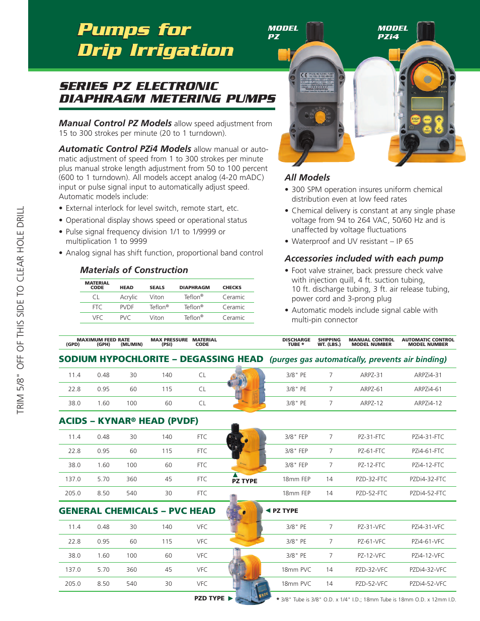 Pumps for drip irrigation, Series pz electronic diaphragm metering pumps, Sodium hypochlorite – degassing head | Acids – kynar, Head (pvdf), General chemicals – pvc head, Manual control pz models, Automatic control pzi4 models, Materials of construction, All models | Pump Solutions Group Neptune Chemical Feed Solutions for Agriculture CENTER PIVOT & DRIP User Manual | Page 5 / 6