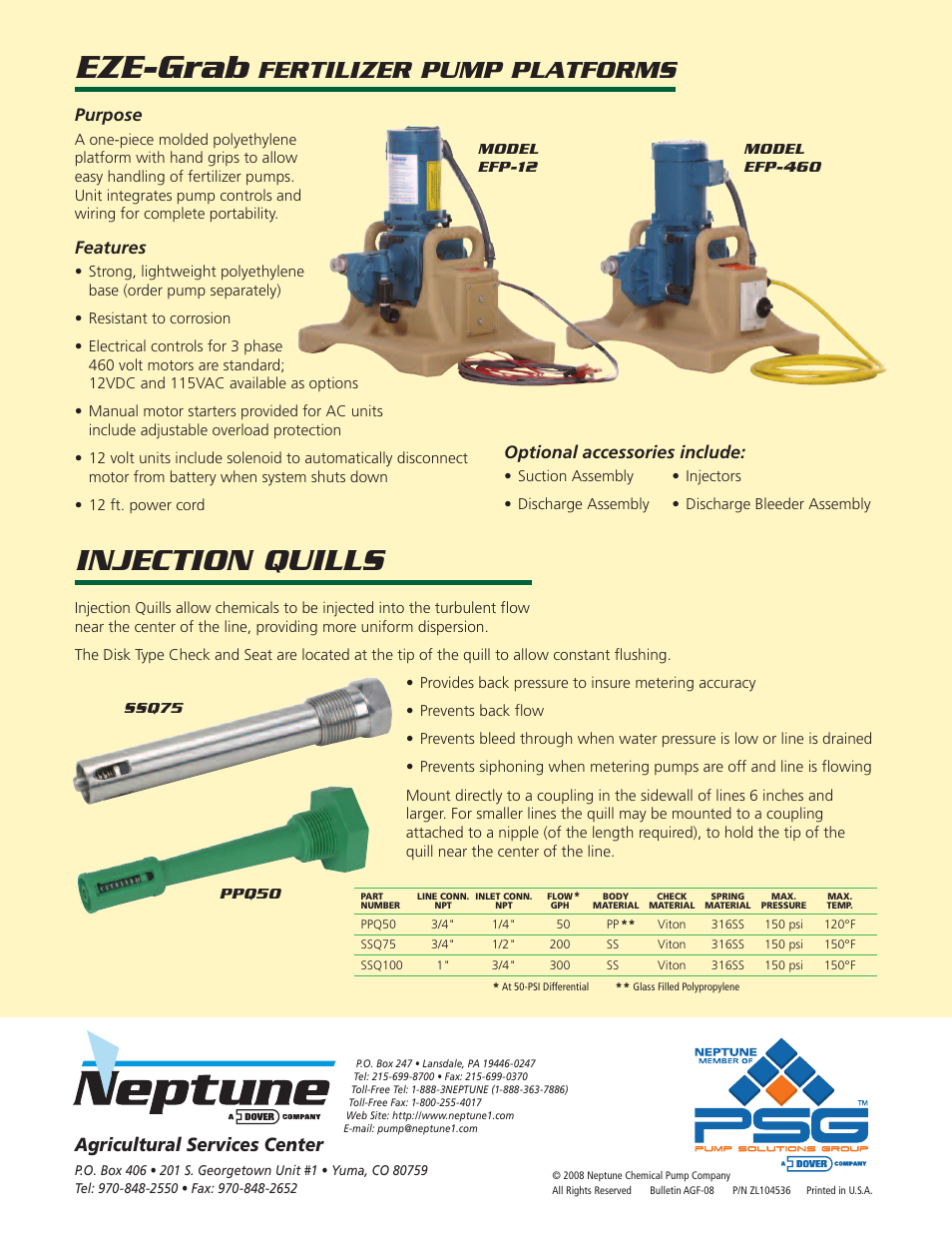 Eze-grab, Injection quills, Fertilizer pump platforms | Agricultural services center, Purpose, Features, Optional accessories include | Pump Solutions Group Neptune FERTILIZER PUMPS Series 500 HYDRAULIC DIAPHRAGM METERING PUMPS User Manual | Page 2 / 2