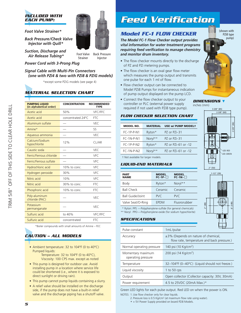 Feed verification, Model fc-1 flow checker, Material selection chart | Caution – all models, Included with each pump | Pump Solutions Group Neptune Series PZ_PZi_PZiG Pulse Metering Pumps User Manual | Page 5 / 10