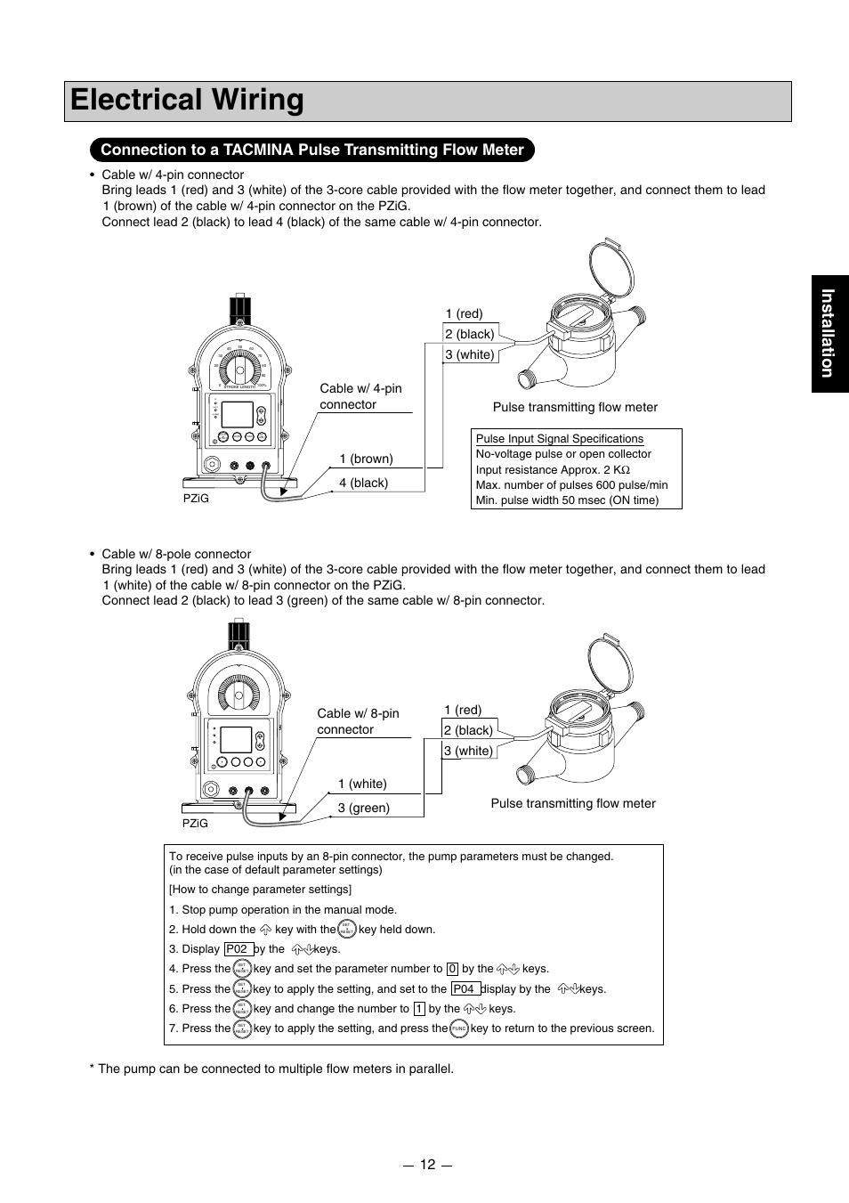 Electrical wiring, Installation, 2 (black) 3 (white) | Pulse transmitting flow meter, Pzig | Pump Solutions Group PZiG Series User Manual | Page 13 / 48