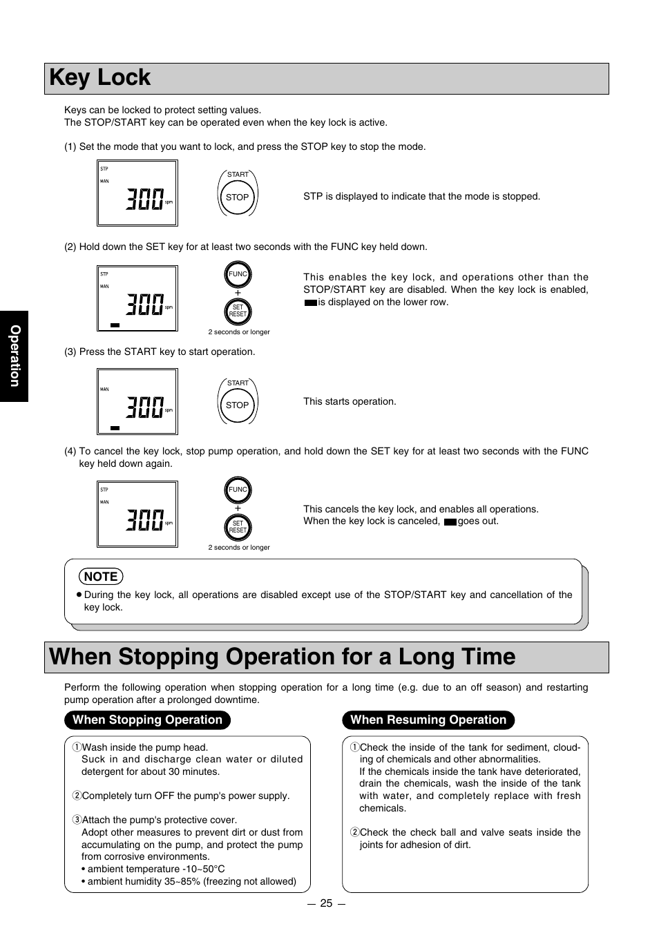 Key lock, When stopping operation for a long time, Operation | Pump Solutions Group PZiG Series User Manual | Page 26 / 48