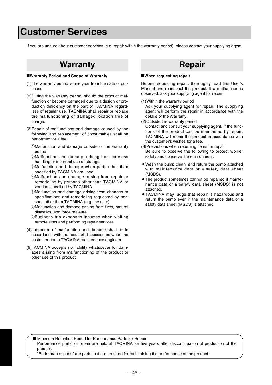 Customer services, Warranty, Repair | Pump Solutions Group PZiG Series User Manual | Page 46 / 48