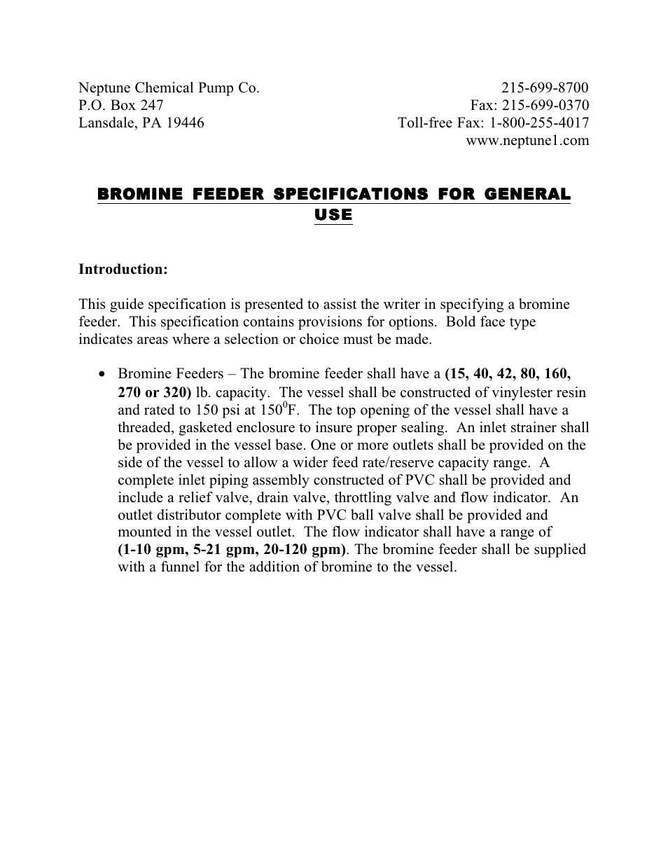 Pump Solutions Group Neptune Bromine Feeders Specs User Manual | 1 page