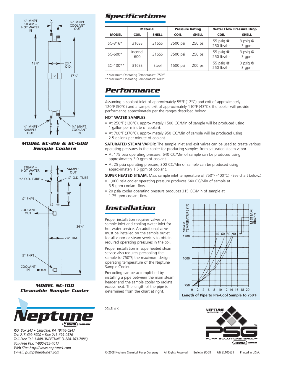 Installation, Performance, Specifications | Pump Solutions Group Neptune Sample Coolers SC-100,SC-316,SC-600 User Manual | Page 2 / 2