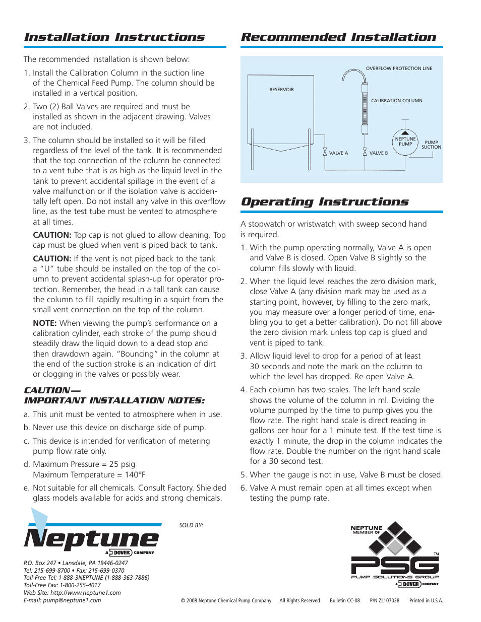Installation instructions, Recommended installation operating instructions | Pump Solutions Group Neptune Calibration Columns User Manual | Page 2 / 2