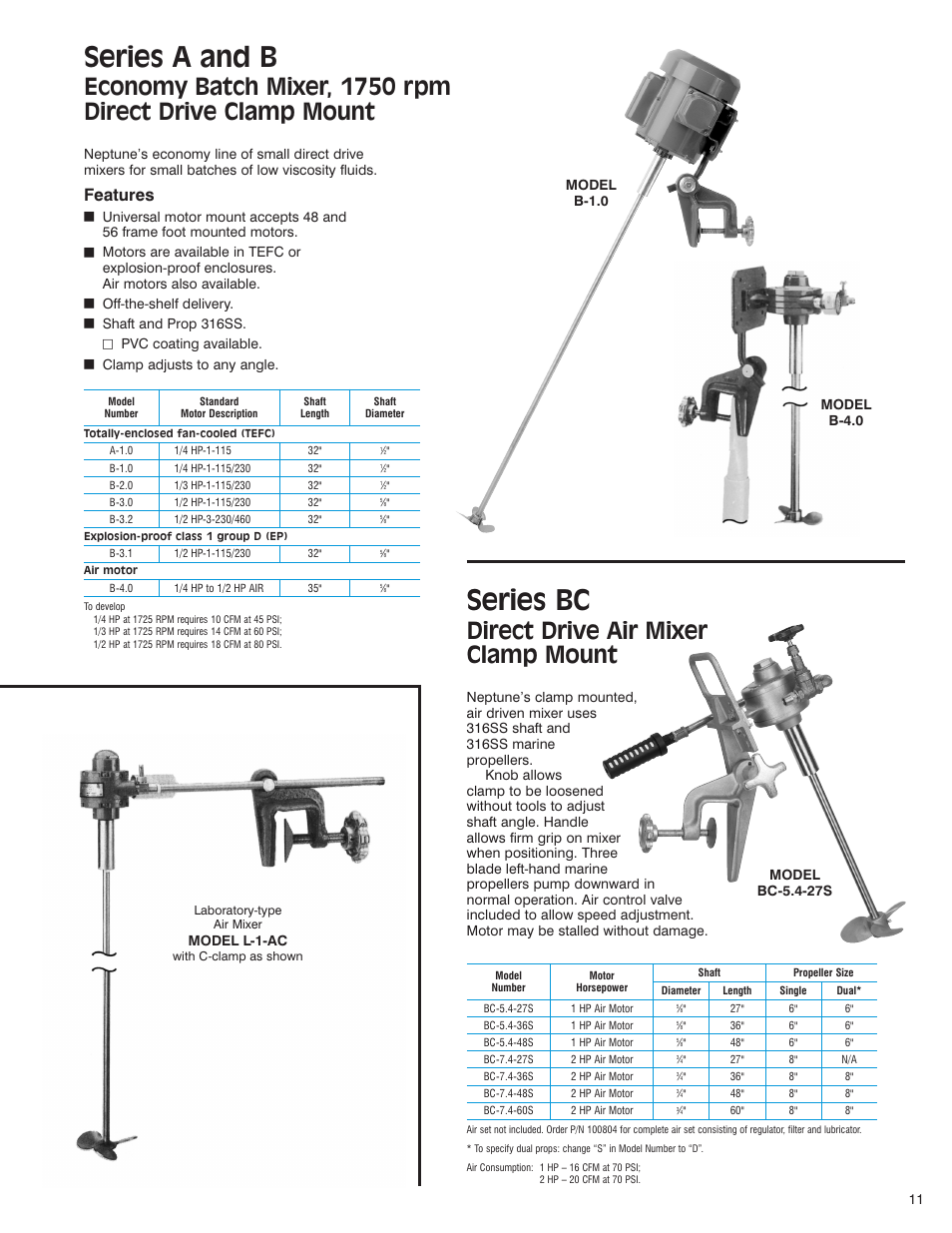 Series a and b, Series bc, Direct drive air mixer clamp mount | Features, Model l-1-ac | Pump Solutions Group Agitators Series BC User Manual | Page 2 / 2