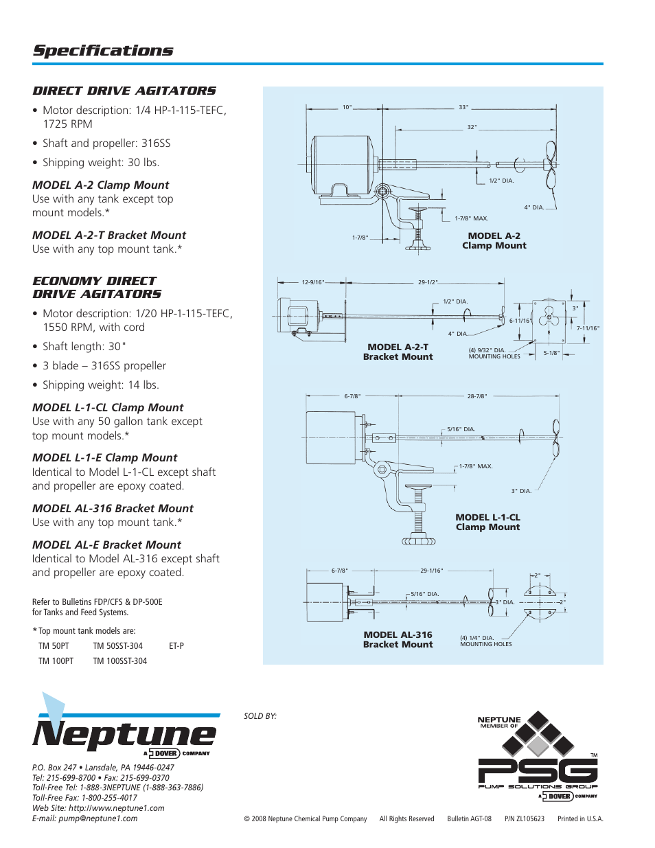 Specifications, Direct drive agitators, Economy direct drive agitators | Pump Solutions Group Neptune Agitators Series A User Manual | Page 2 / 2