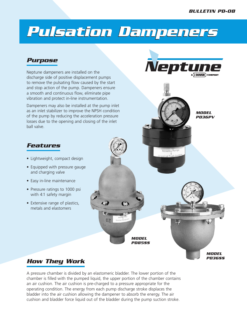 Pump Solutions Group Neptune Pulsation Dampeners PD36PV,PD36SS,PD85SS User Manual | 2 pages