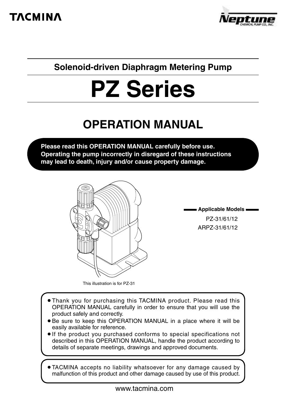 Pump Solutions Group Neptune Solenoid-driven Diaphragm Metering Pump ARPZ-31_61_12 User Manual | 56 pages