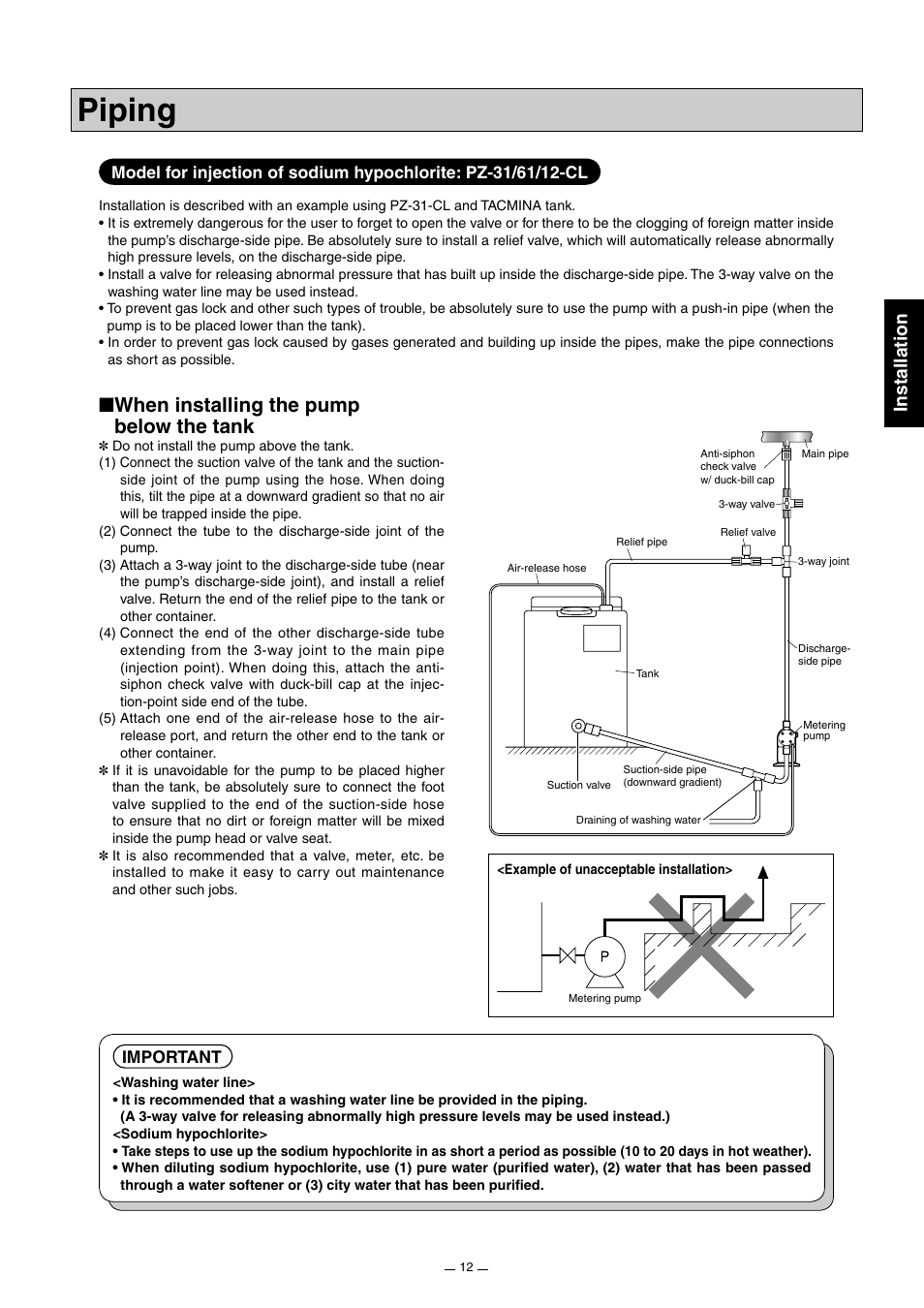 Piping, When installing the pump below the tank, Installation | Pump Solutions Group Neptune Solenoid-driven Diaphragm Metering Pump ARPZ-31_61_12 User Manual | Page 13 / 56