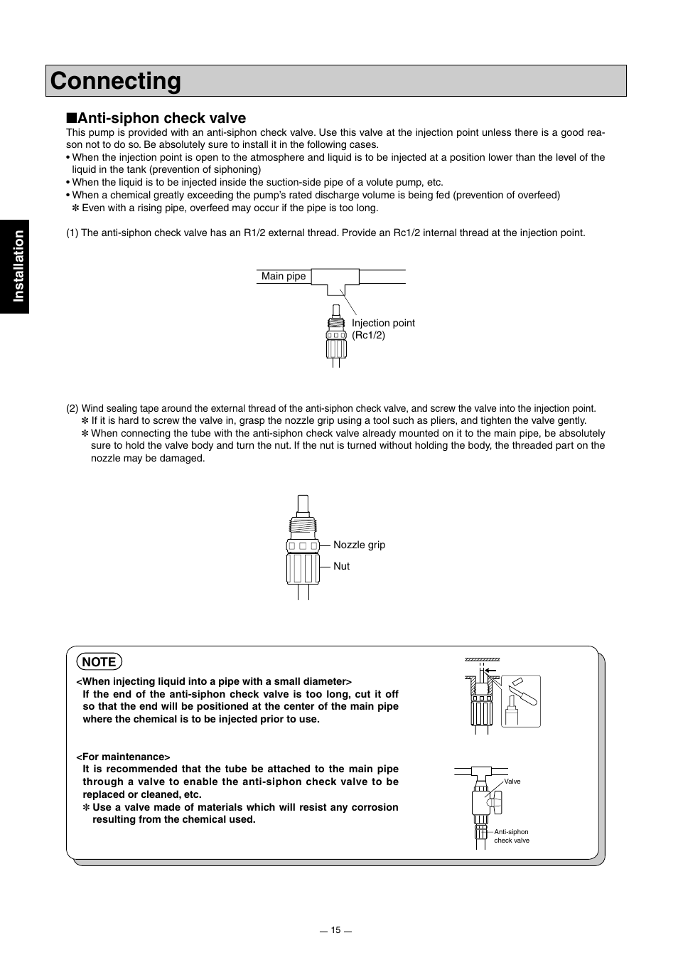 Connecting, Anti-siphon check valve, Installation | Pump Solutions Group Neptune Solenoid-driven Diaphragm Metering Pump ARPZ-31_61_12 User Manual | Page 16 / 56