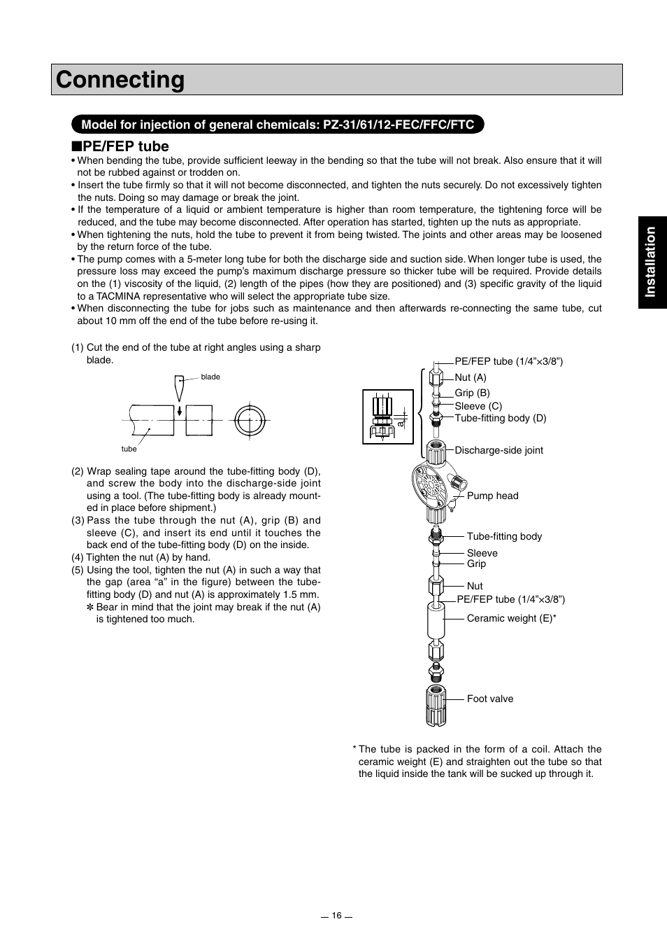 Connecting, Pe/fep tube | Pump Solutions Group Neptune Solenoid-driven Diaphragm Metering Pump ARPZ-31_61_12 User Manual | Page 17 / 56