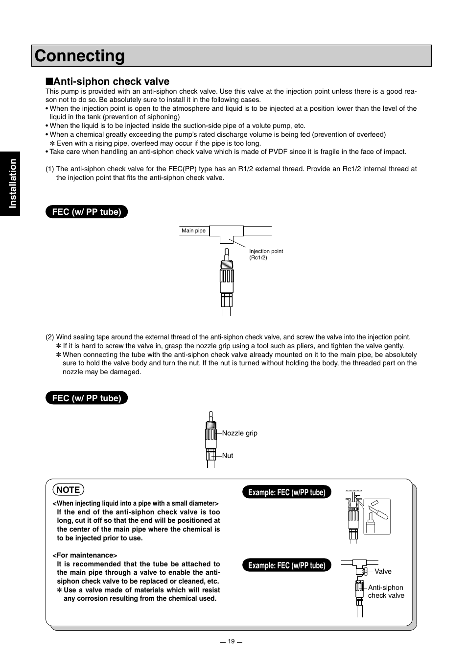 Connecting, Anti-siphon check valve, Installation | Pump Solutions Group Neptune Solenoid-driven Diaphragm Metering Pump ARPZ-31_61_12 User Manual | Page 20 / 56