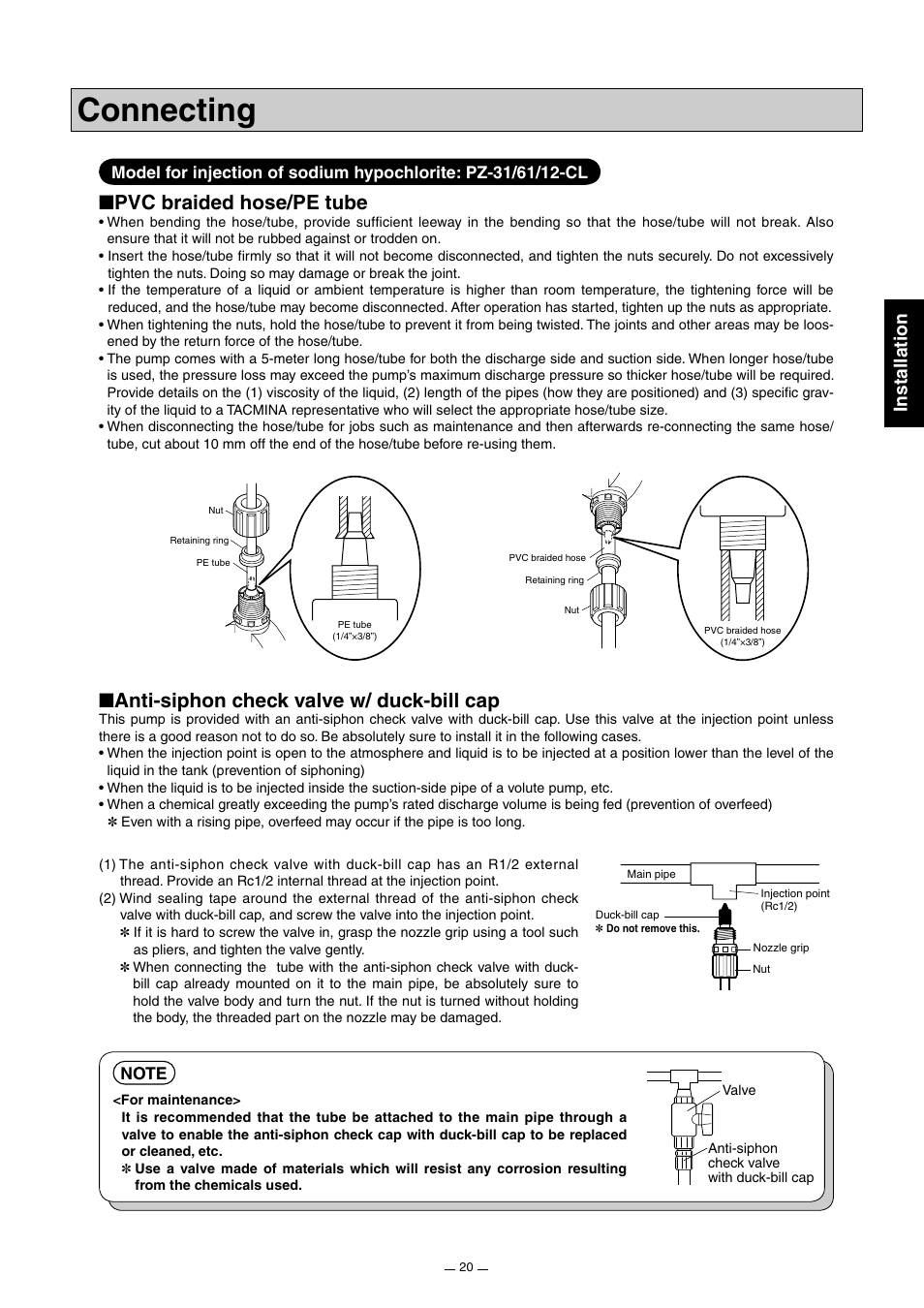 Connecting, Pvc braided hose/pe tube, Anti-siphon check valve w/ duck-bill cap | Installation | Pump Solutions Group Neptune Solenoid-driven Diaphragm Metering Pump ARPZ-31_61_12 User Manual | Page 21 / 56