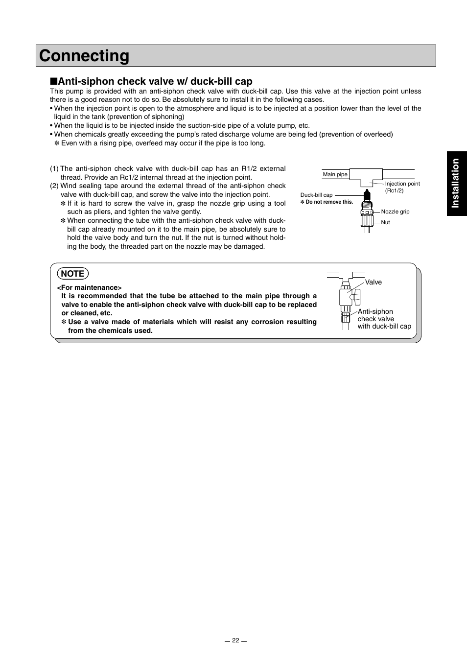 Connecting, Anti-siphon check valve w/ duck-bill cap, Installation | Pump Solutions Group Neptune Solenoid-driven Diaphragm Metering Pump ARPZ-31_61_12 User Manual | Page 23 / 56