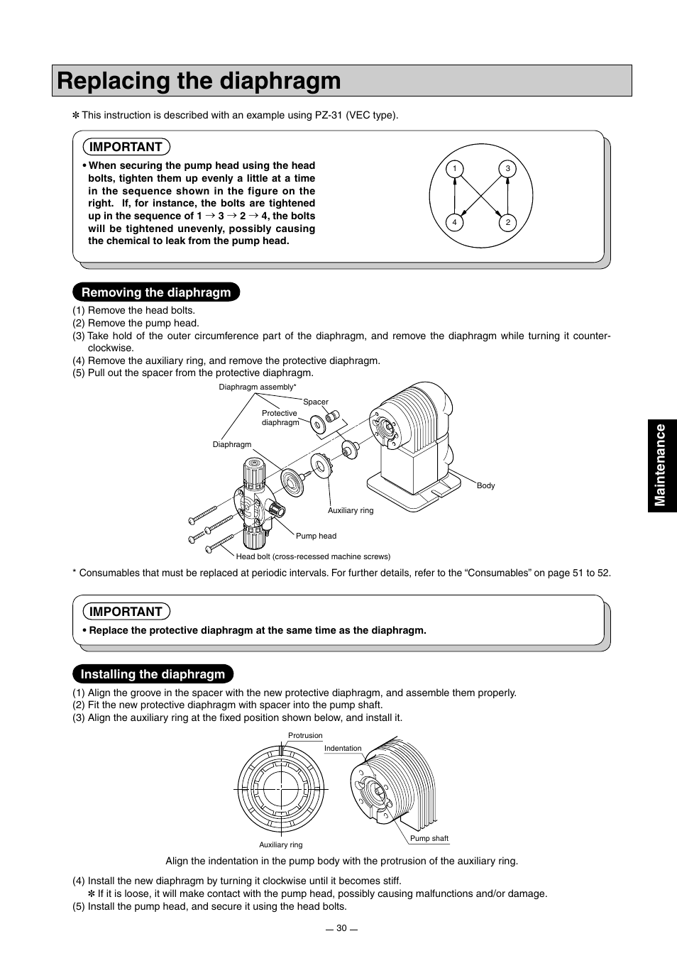 Replacing the diaphragm, Maintenance, Important | Removing the diaphragm, Installing the diaphragm | Pump Solutions Group Neptune Solenoid-driven Diaphragm Metering Pump ARPZ-31_61_12 User Manual | Page 31 / 56