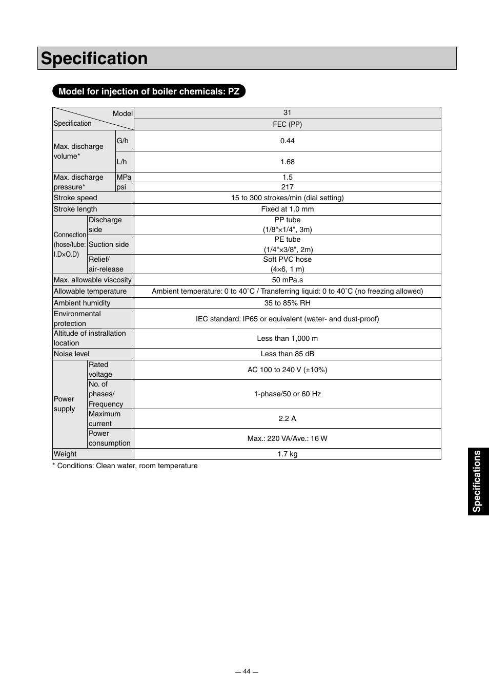 Specification, Specifications | Pump Solutions Group Neptune Solenoid-driven Diaphragm Metering Pump ARPZ-31_61_12 User Manual | Page 45 / 56