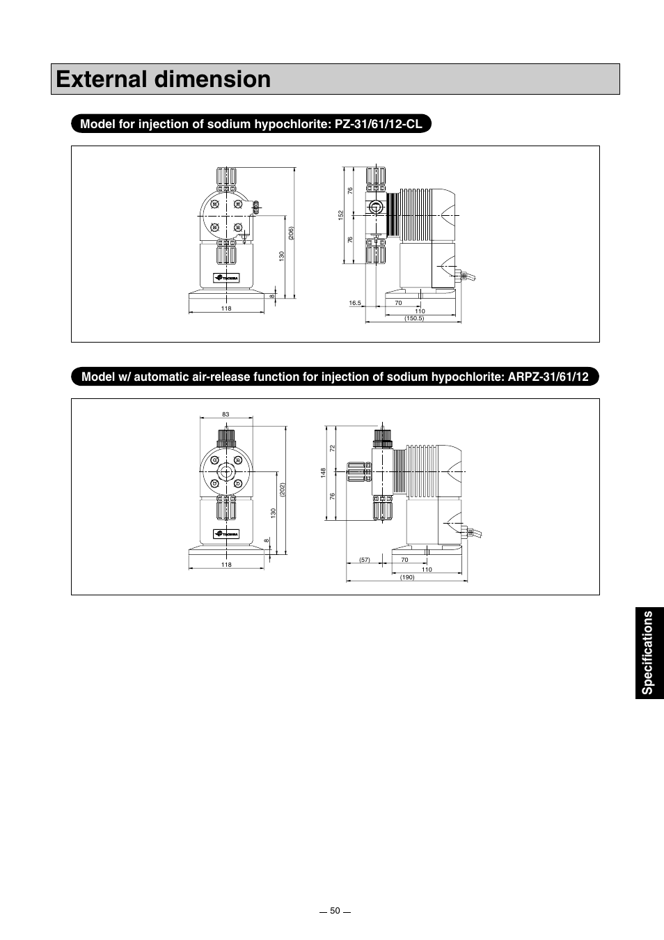 External dimension, Specifications, No e p | Pump Solutions Group Neptune Solenoid-driven Diaphragm Metering Pump ARPZ-31_61_12 User Manual | Page 51 / 56