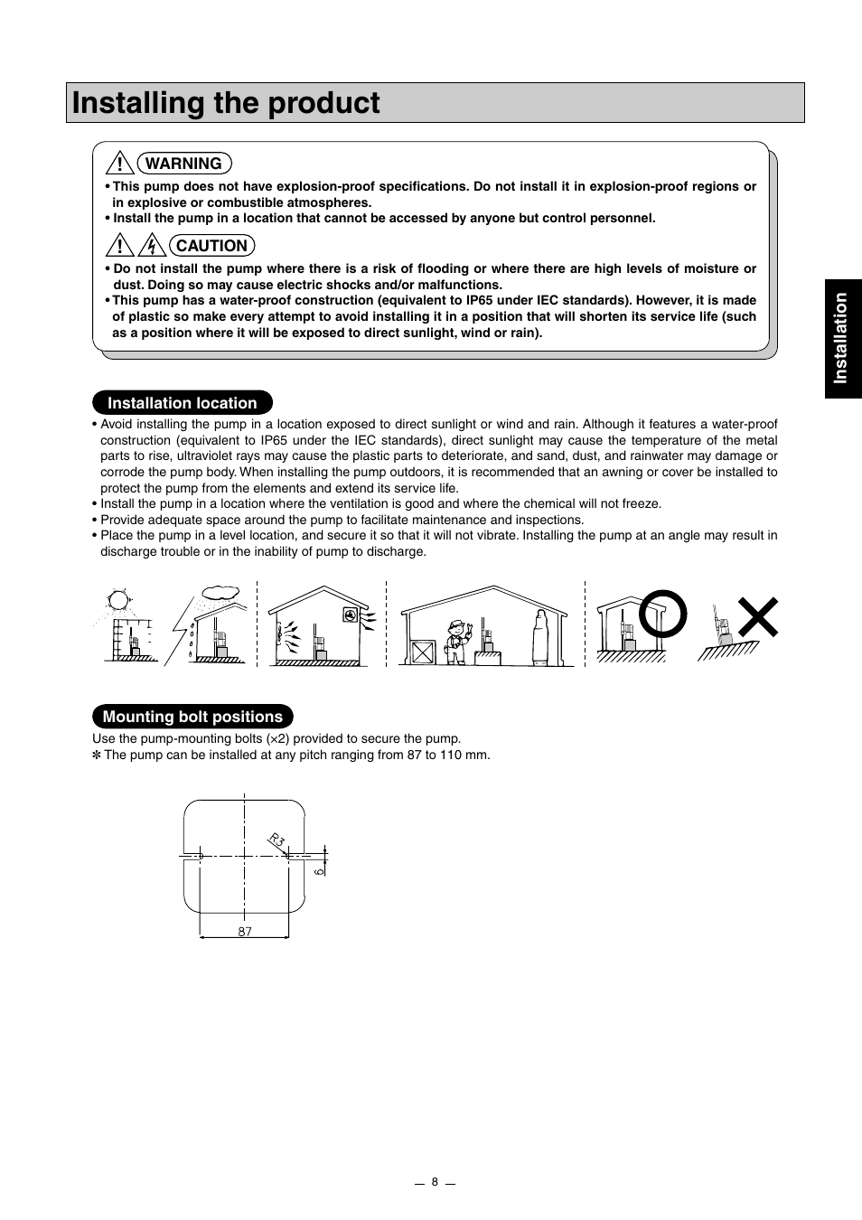 Installing the product, Installation | Pump Solutions Group Neptune Solenoid-driven Diaphragm Metering Pump ARPZ-31_61_12 User Manual | Page 9 / 56