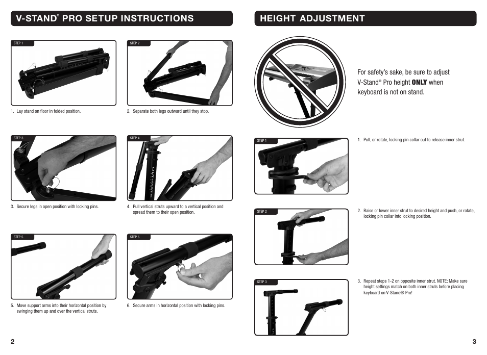 V-stand, Pro setup instructions height adjustment, For safety’s sake, be sure to adjust v-stand | Pro height only when keyboard is not on stand | Ultimate Support V-Stand Pro VS-88B User Manual | Page 2 / 2
