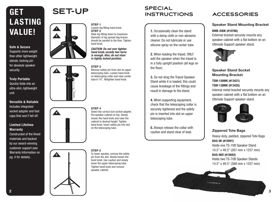 Set-up, Get lasting value, Special instructions accessories | Ultimate Support TS-70B User Manual | Page 2 / 2