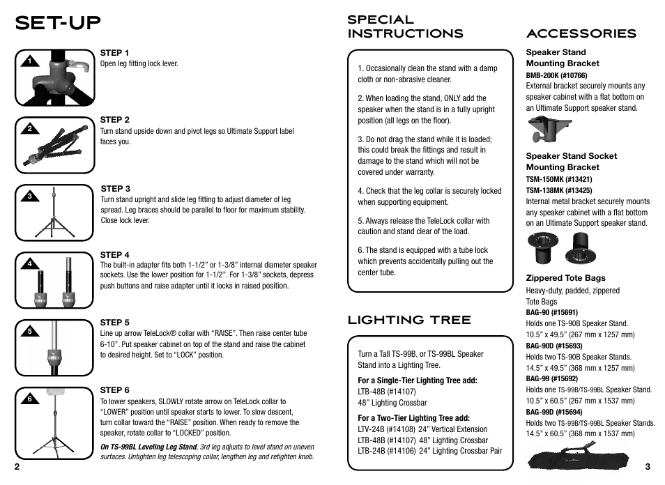 Set-up, Special instructions lighting tree, Accessories | Ultimate Support TS-99BL User Manual | Page 2 / 2