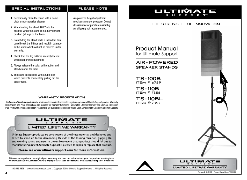 Ultimate Support TS-110BL User Manual | 2 pages