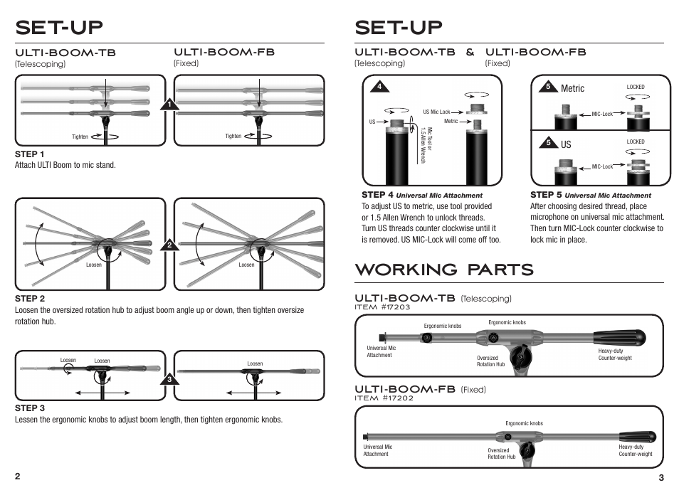 Set-up, Working parts, Ulti-boom-tb | Ulti-boom-fb | Ultimate Support Ulti-Boom - Telescoping User Manual | Page 2 / 2