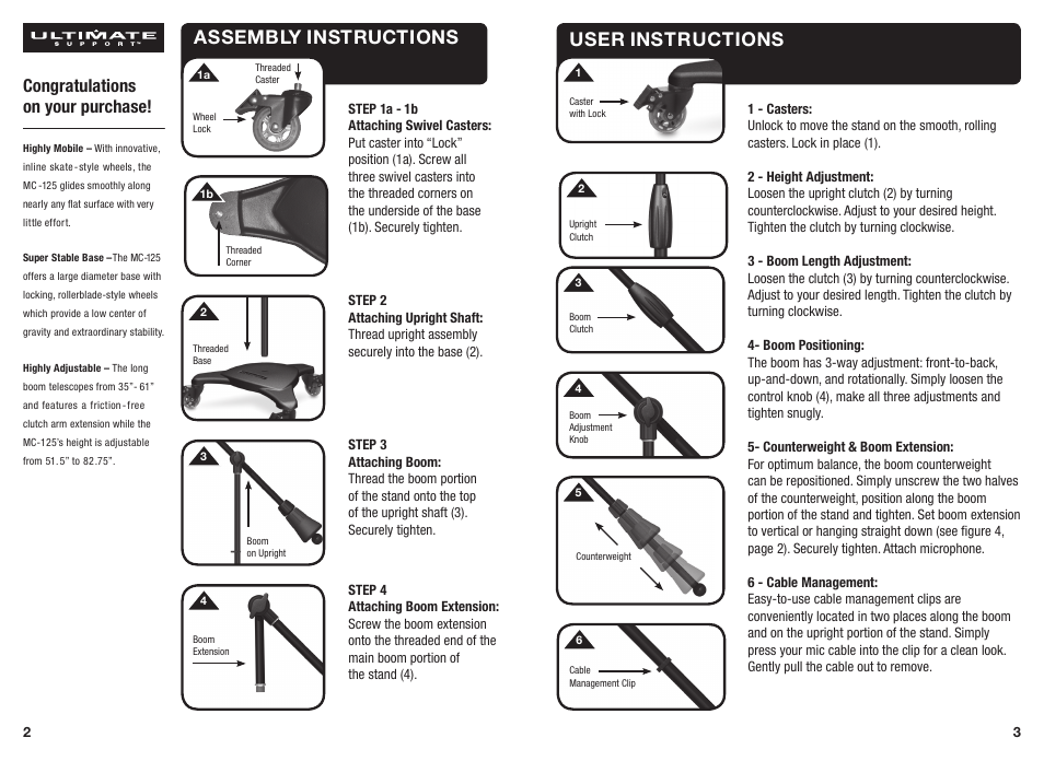 User instructions assembly instructions | Ultimate Support MC-125 User Manual | Page 2 / 2